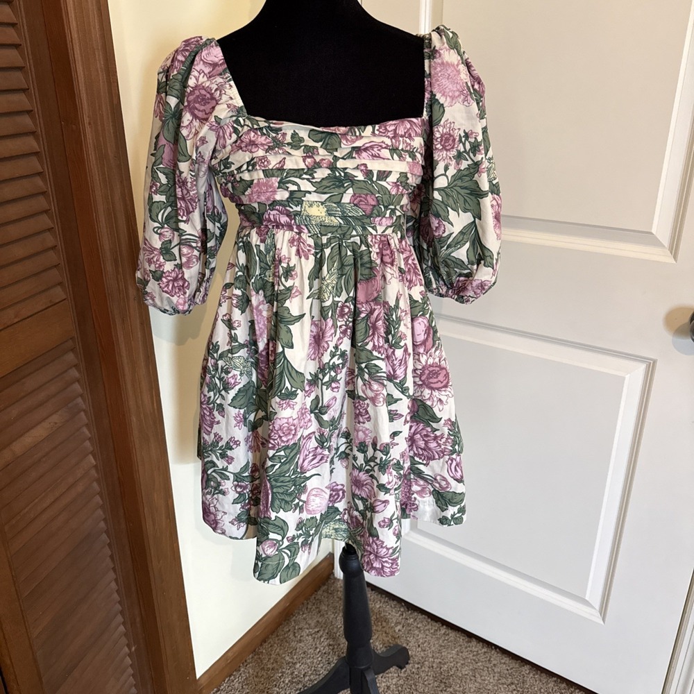 Abercrombie & Fitch Emerson Poplin Puff Sleeve Mini Dress Xs Purple Green Floral